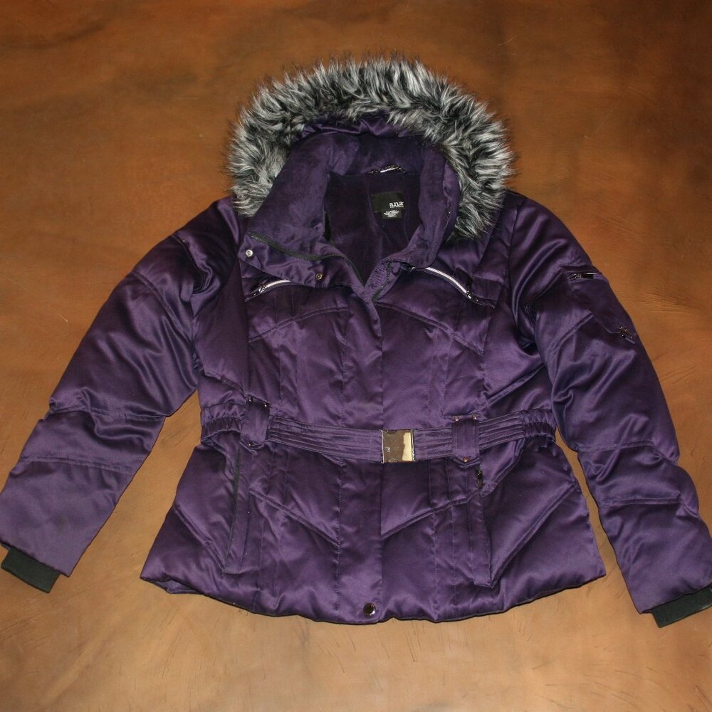 A.N.A Purple XL Down Puffer Faux Fur Trim Hood Zip Snap Jacket Coat Belt Winter - Picture 4 of 12
